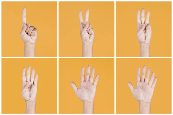 Collage Eins Fünf Finger Zählen Zeichen Gelben Hintergrund Auflösung Und — Stockfoto