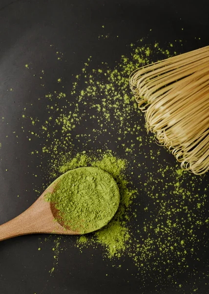 Close Matcha Tea Powder Wooden Spoon Bamboo Whisk Resolution High — Φωτογραφία Αρχείου
