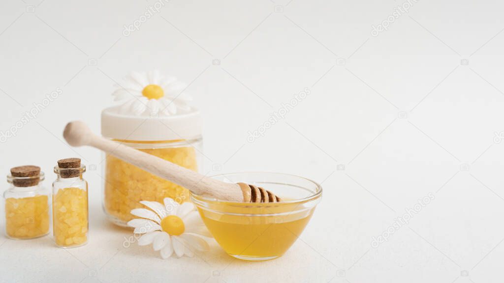 arrangement with honey salts white background. Resolution and high quality beautiful photo