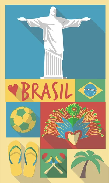 Dibujo retro de Brasil Símbolos culturales de Sao Paulo en un cartel y una postal — Vector de stock