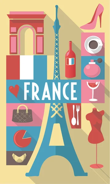 Icone culturali francesi sul manifesto di viaggio. simboli della città per cartoline, cartoline, cartelloni — Vettoriale Stock