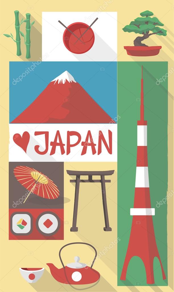 Vector illustration of famous culture symbols of japan on a postcard or poster