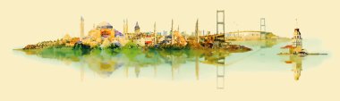 vector water color illustration panoramic istanbul view clipart