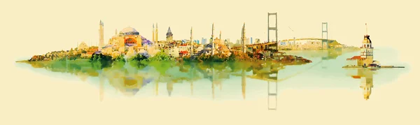 Vector water color illustration panoramic istanbul view — Stock Vector