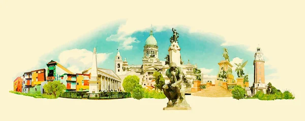 Vector watercolor BUENOS AIRES city illustration - Stok Vektor