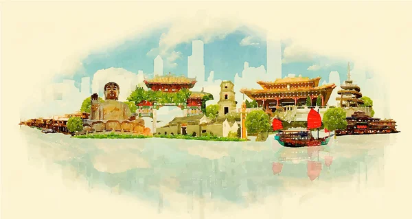 Aquarelle vectorielle HONK KONG illustration de la ville — Image vectorielle
