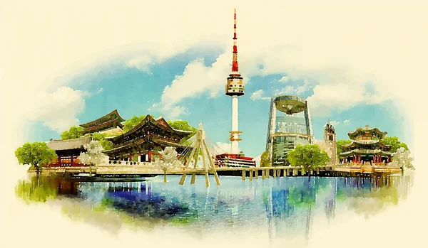 Aquarel Seoul stad illustratie vector — Stockvector