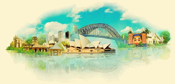 Vector acuarela SYDNEY ciudad ilustración — Archivo Imágenes Vectoriales