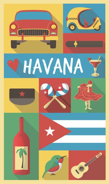 Retro çizim Küba Havana kültürel sembollerin bir Poster ve Po