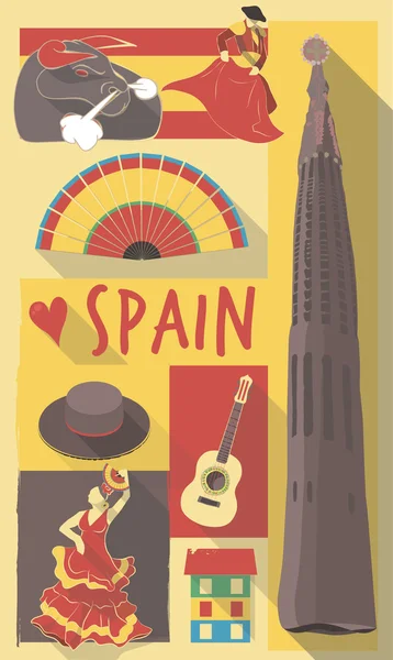 Ícones culturais espanhóis no cartaz de viagem. símbolos de cidade de postca — Vetor de Stock