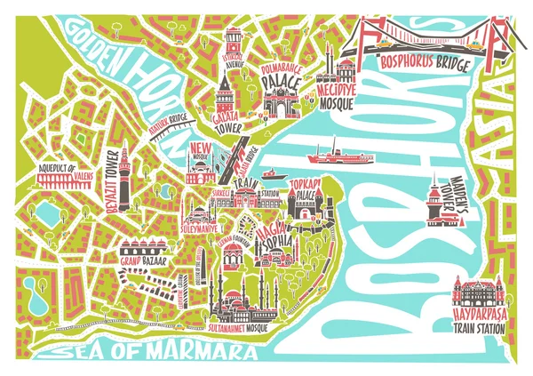 Ilustración vectorial mapa de istanbul de colores con monumentos famosos — Vector de stock