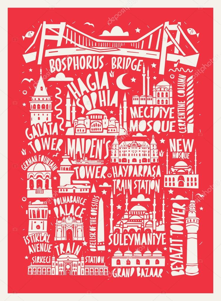 typographic vector touristic hand drawn istanbul city poster