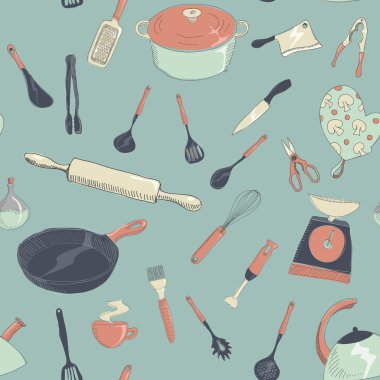 illustrtaion Dikişsiz desen vektör el çekilmiş mutfak Icon set