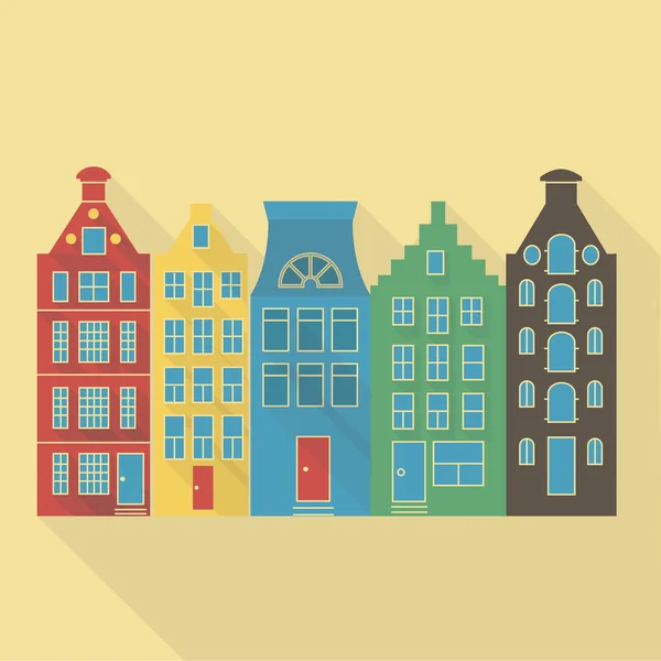 Ilustração vetorial ícone longo sombra plana de casas amsterdam —  Vetores de Stock