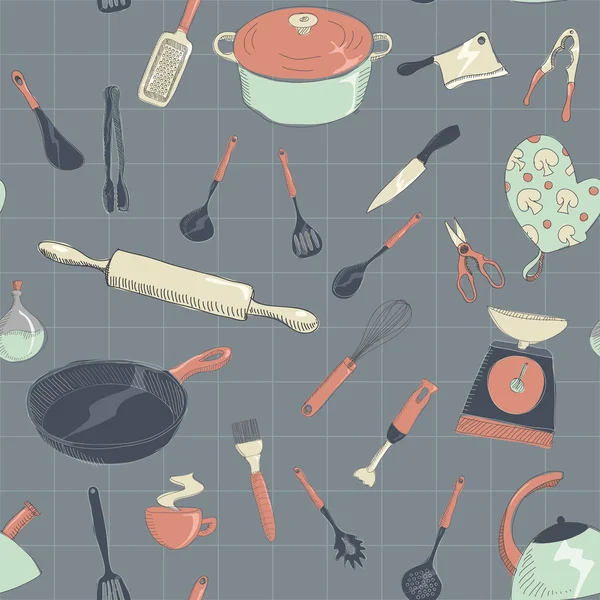 Illustrtaion のシームレスなパターンのベクトル手描き下ろしキッチン アイコンを設定 — ストックベクタ