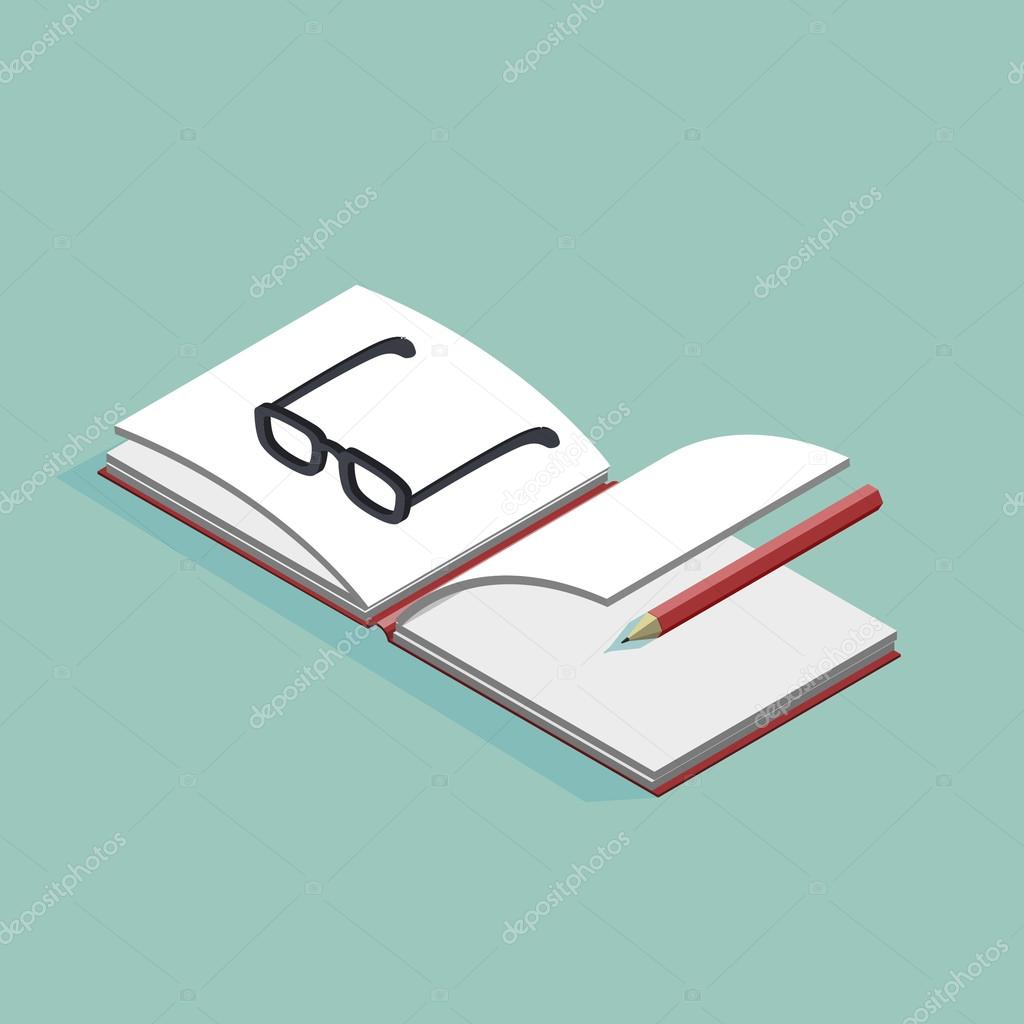 isometric vector illustration of open book and glasses