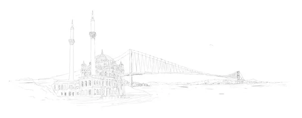 Hand van de vector tekening panoramisch istanbul ortakoy moskee en bospho — Stockvector