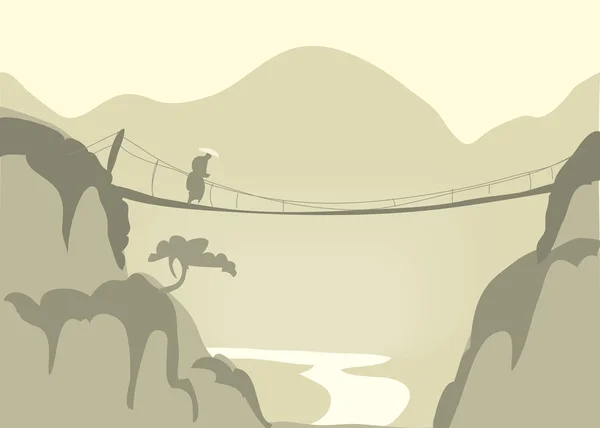 Canyon with a rope bridge — Stock Vector