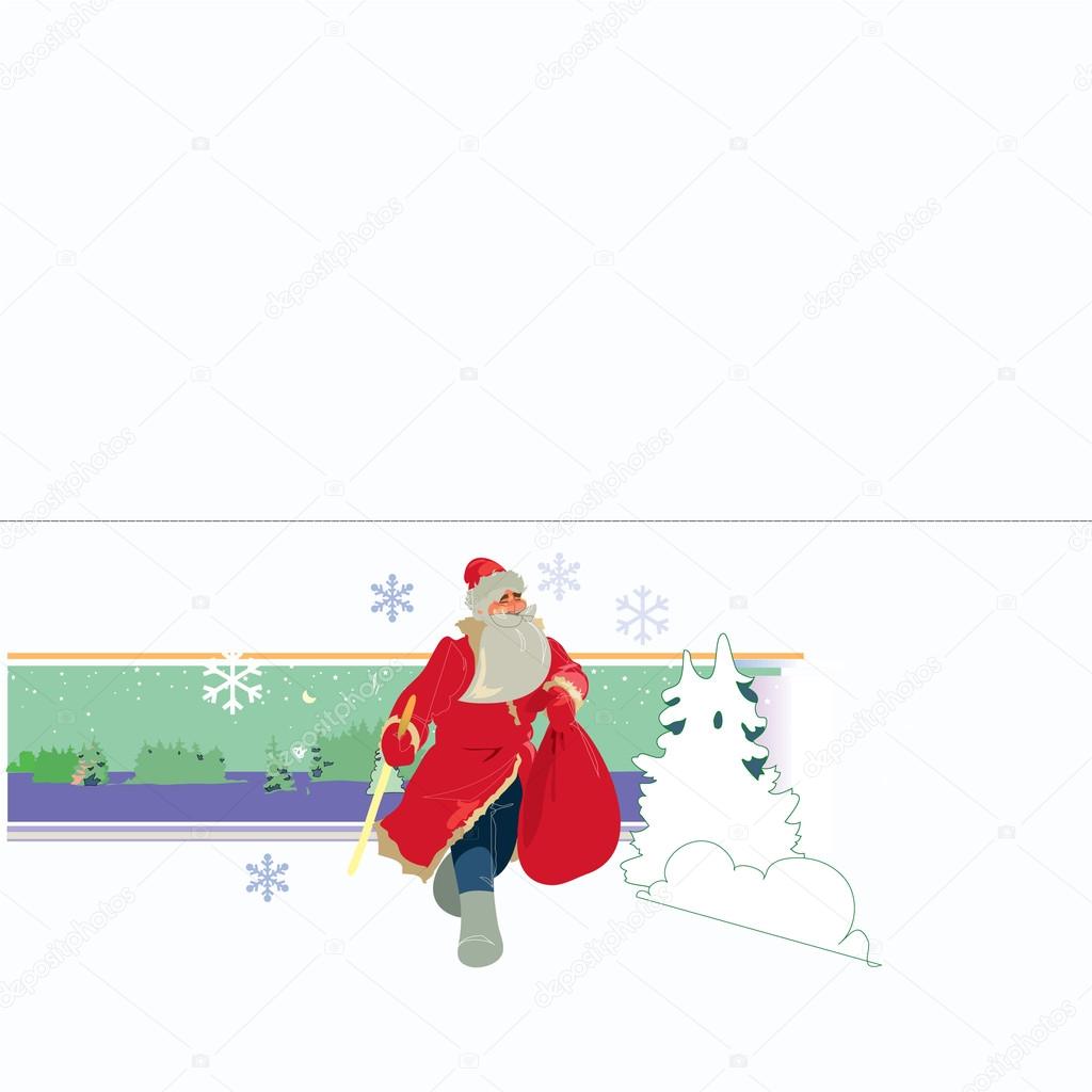 Christmas card Santa Claus in a hurry