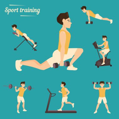 Adam spor ile ayarlayın. Simülatörleri. Halter, halter, hyperextension, egzersiz bisikleti, koşu bandı. Vektör illüstrasyon izole. Çizgi film karakteri