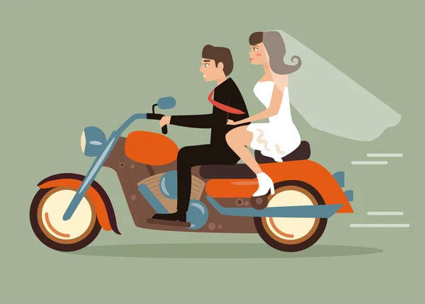 Extreme wedding. Couple on a motorcycle. — Stock Vector