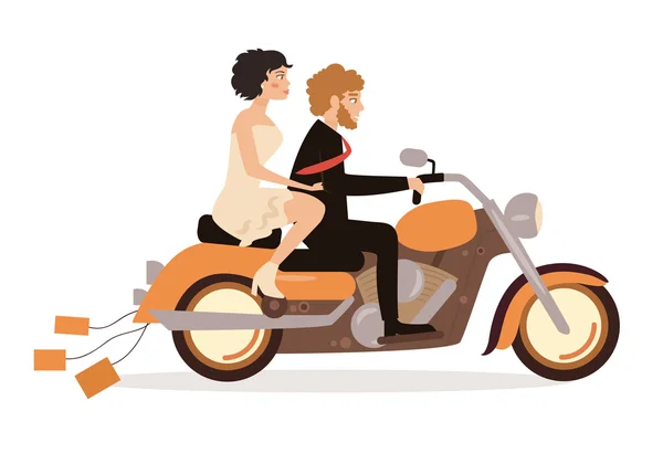 Boda extrema. Pareja en una motocicleta . — Vector de stock