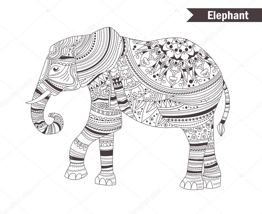 Elephant. coloring book for adult, antistress coloring pages. Hand drawn vector isolated illustration on white background. Henna mehendi, tattoo sketch.