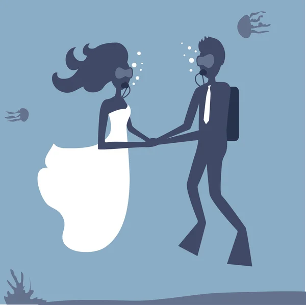 Extreme wedding. The bride and groom. Divers — Stock Vector