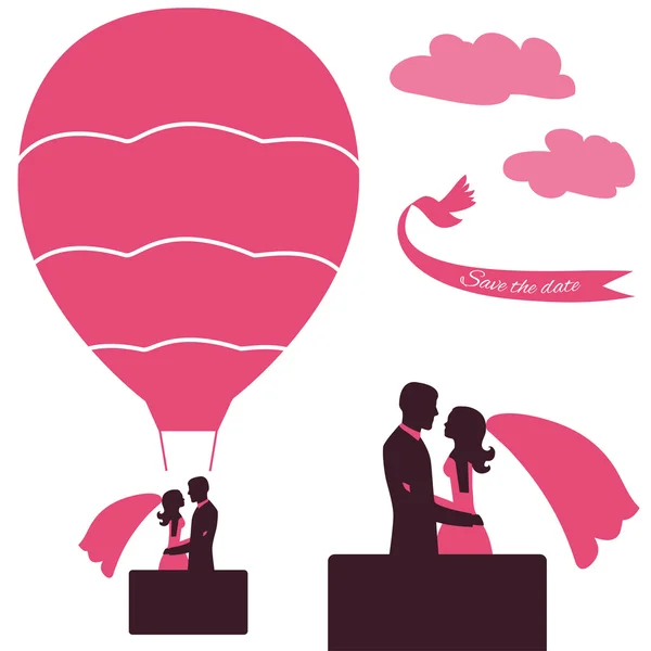 Extreme wedding. The bride and groom. On air balloon — Stock Vector