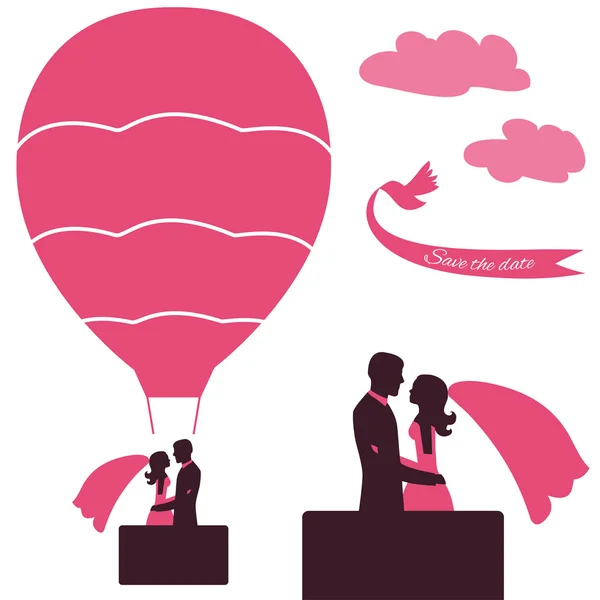 Boda extrema. Los novios. En globo aerostático — Vector de stock