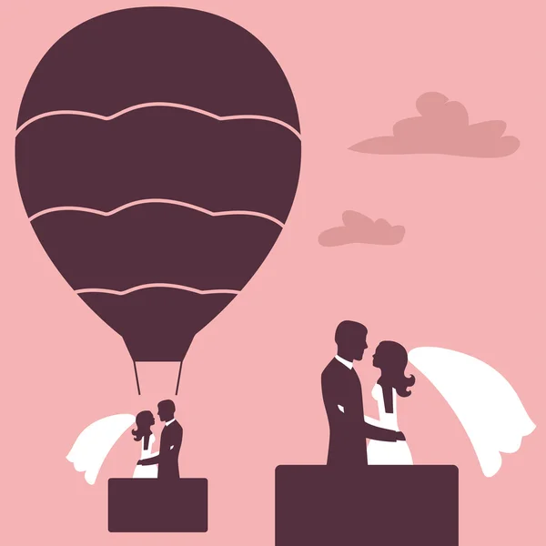 Extreme wedding. The bride and groom. On air balloon — Stock Vector