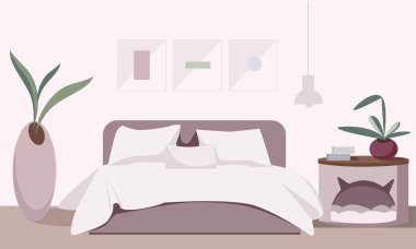 Yatak odasının içinde resimler, çiçekler ve kedi için rahat bir yer var. Modern vektör illüstrasyonu