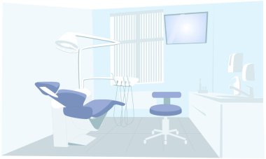 Empty dental office with a chair, general view. Doctor's office. Medicine and equipment. Vector flat illustration