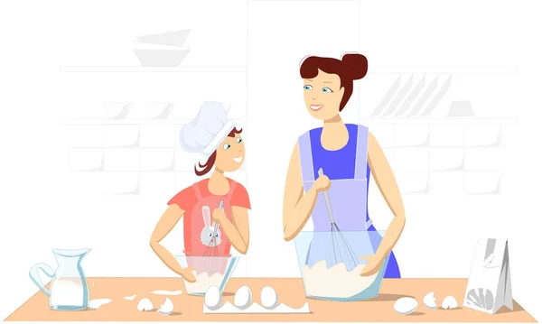 Happy mom and daughter make pancake batter at home in the kitchen. Kitchen utensils, glass dough bowls, eggs, flour, milk in a jug. Vector