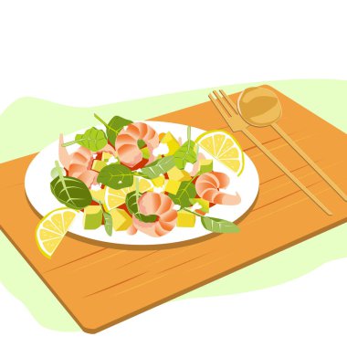 Ev yapımı karides, avokado, yeşil yaprak ve limonlu salata. Vektör düz resimleme