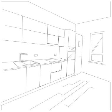 Mutfağın içi mobilyalarla dolu. Manzaranın bakış açısı. Modern mutfak tasarımı. Vektör illüstrasyonu