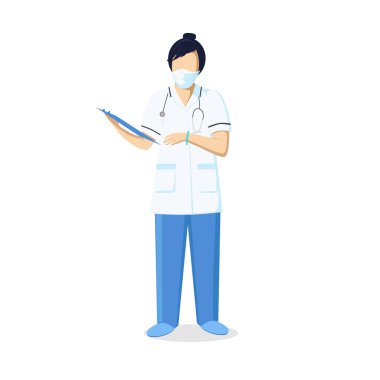 Doktor beyaz laboratuvar önlüğüyle tek başına duruyor, maske ve steteskop takıyor. Doktorun elinde notlar için bir klasör var.