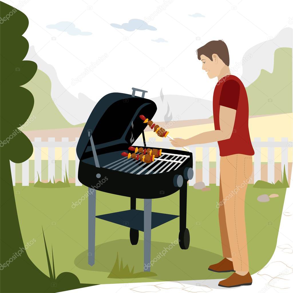 A young man prepares a delicious kebab of meat and vegetables. Activities in the backyard. Relaxing in the garden. Modern Vector Illustration