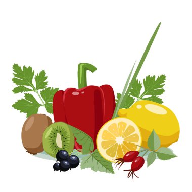 C vitamini kaynaklı limon, tatlı biber, soğan, kivi, kara frenk üzümü, gül suyu, maydanoz. Beyaz arkaplanda vektör illüstrasyonu