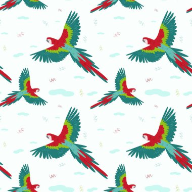 Tropikal uçan papağanların kusursuz deseni. Egzotik kuşlar. Vektör.