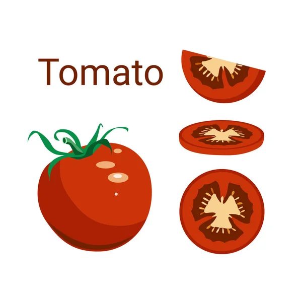 Vektorrote Tomate Mit Verschiedenen Varianten Von Scheiben Reifes Gemüse Für — Stockvektor