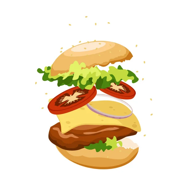 Vector Juicy Burger Cutlet Cheese Lettuce Onion Tomatoes Isolate White — Stock Vector