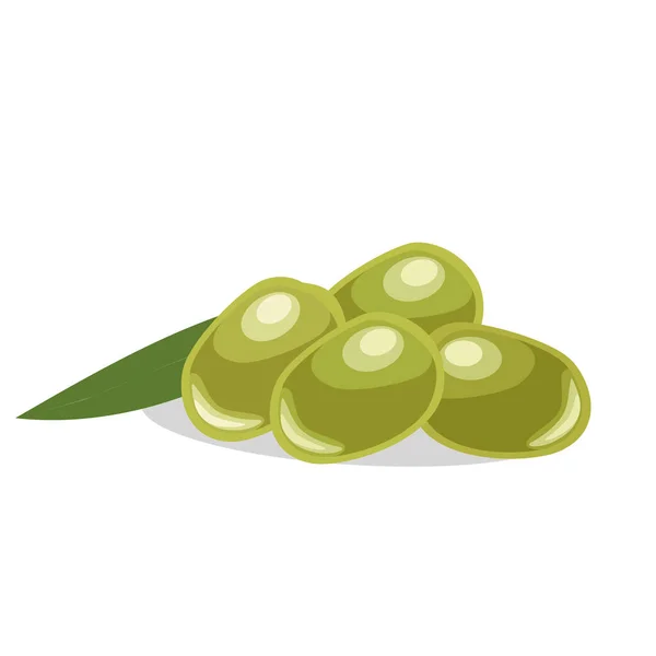 Cuatro Aceitunas Vectoriales Verdes Con Una Hoja Aislada Sobre Fondo — Vector de stock