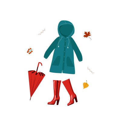 Kırmızı lastik çizmeleri ve beyaz arka planda izole edilmiş şemsiyesi olan sonbahar mavisi yağmurluğu. Çizgi film tarzında sonbahar için moda giysileri.