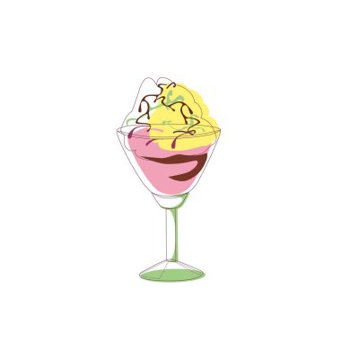 Beyaz arka planda izole edilmiş, berrak bardakta çikolatalı çilekli-mangolu dondurma. Taslak biçiminde vektör illüstrasyonu