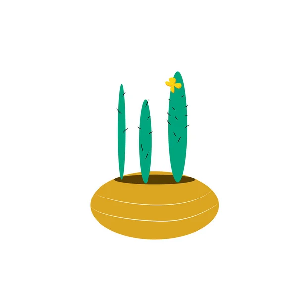 Zöld Hosszú Kaktusz Egy Virággal Egy Sárga Edényben Fehér Alapon — Stock Vector