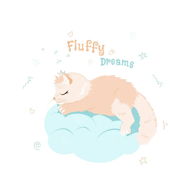 Lindo Gato Esponjoso Con Una Tiara Está Durmiendo Una Nube — Vector de stock