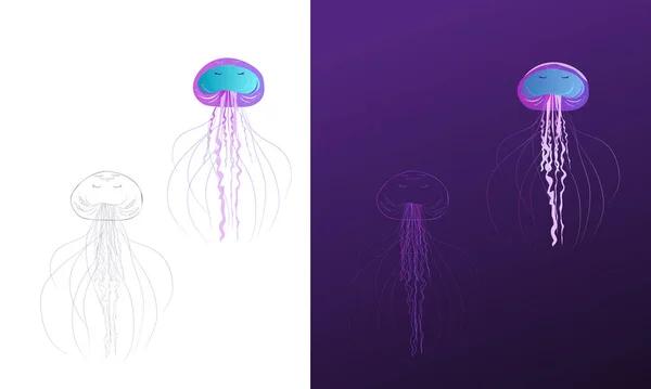 Четыре Градиентные Медузы Разных Цветов Онлайн Стиле Мультфильме Морская Жизнь — стоковый вектор