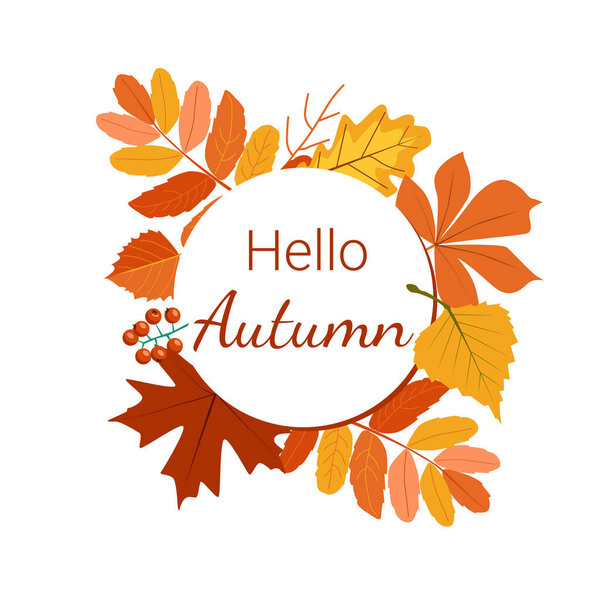 Hello Autumn. Welcome round banner with autumn leaves and berries. Vector cartoon concept