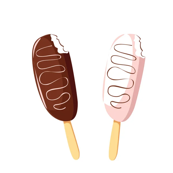Два Морозива Паличці Білий Темний Шоколад Векторна Мультяшна Ілюстрація Білому — стоковий вектор